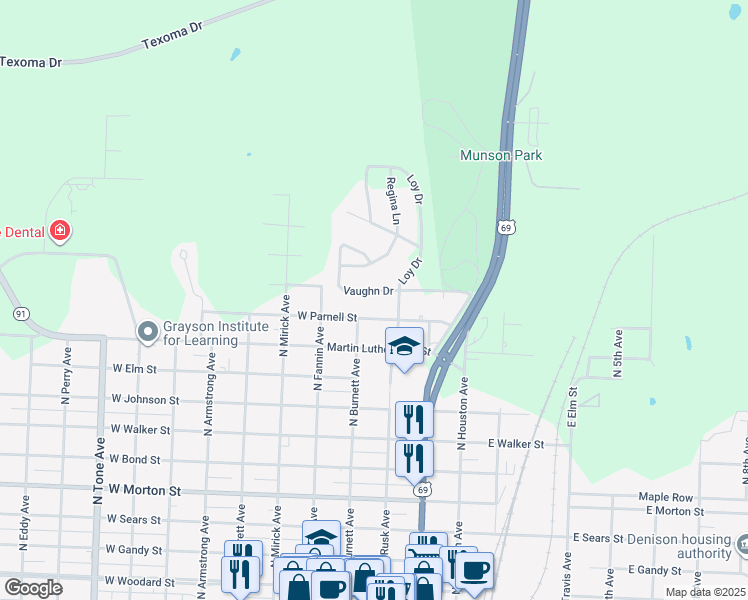 map of restaurants, bars, coffee shops, grocery stores, and more near 38 Vaughn Drive in Denison