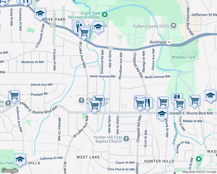 map of restaurants, bars, coffee shops, grocery stores, and more near 422 Holly Street Northwest in Atlanta