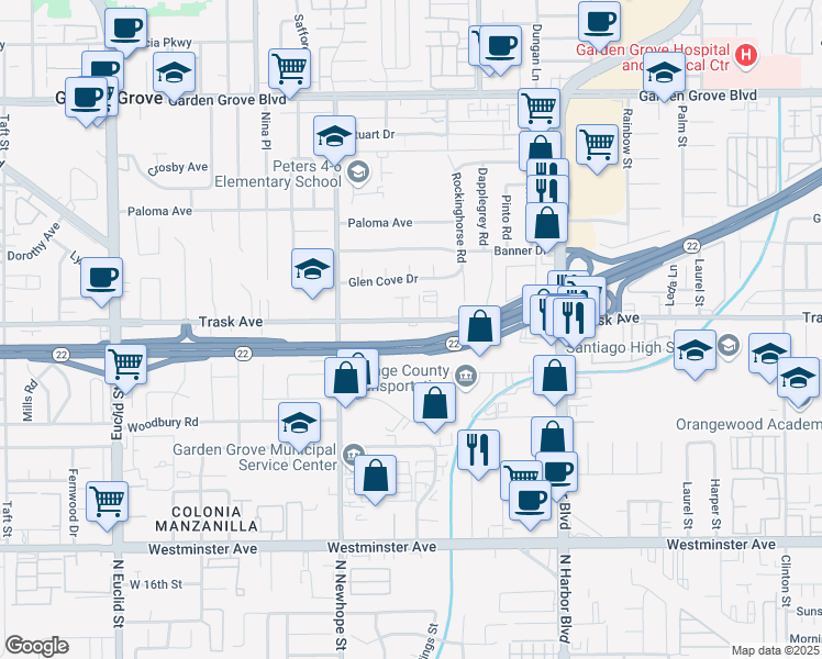 map of restaurants, bars, coffee shops, grocery stores, and more near 11662 Trask Avenue in Garden Grove