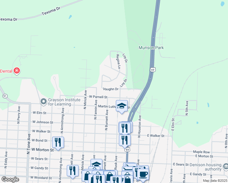 map of restaurants, bars, coffee shops, grocery stores, and more near 35 West Parnell Street in Denison