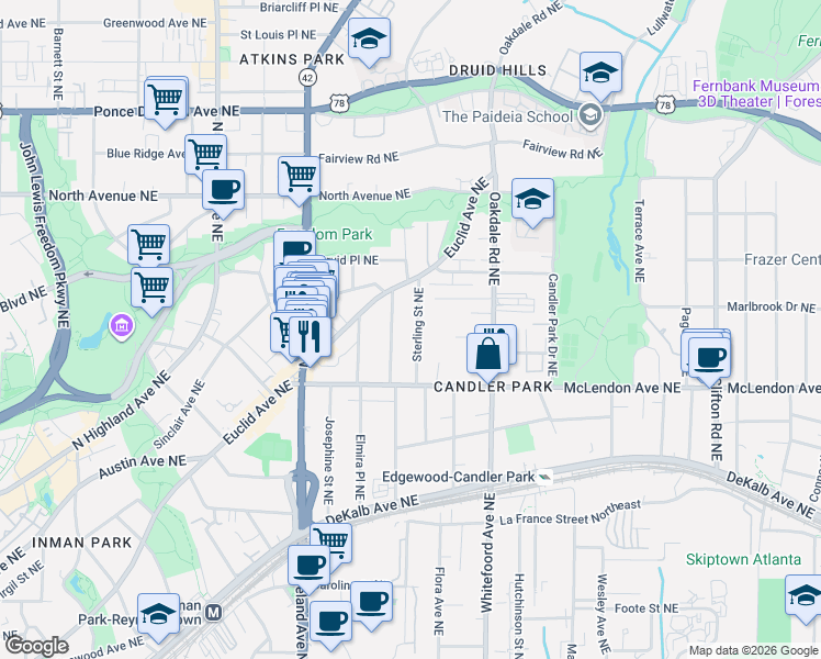 map of restaurants, bars, coffee shops, grocery stores, and more near 454 Sterling Street Northeast in Atlanta