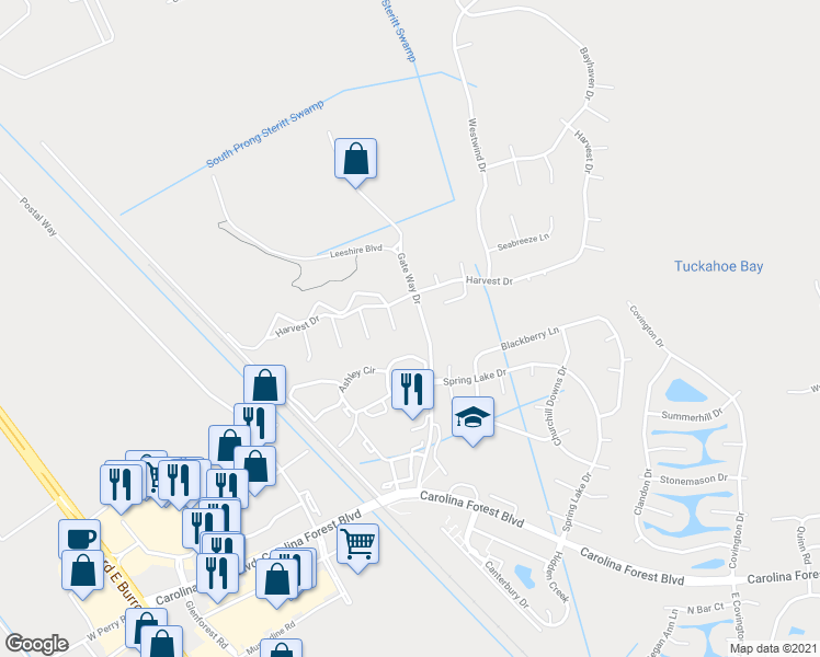 map of restaurants, bars, coffee shops, grocery stores, and more near 102 Britewater Court in Myrtle Beach