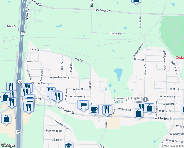 map of restaurants, bars, coffee shops, grocery stores, and more near 1023 Ray Drive in Denison