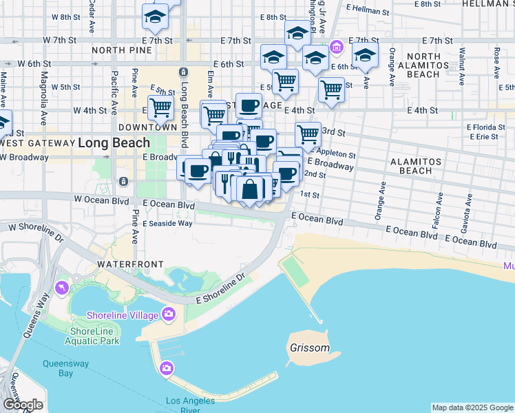 map of restaurants, bars, coffee shops, grocery stores, and more near 2 Atlantic Way in Long Beach