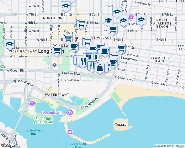 map of restaurants, bars, coffee shops, grocery stores, and more near 555 East Ocean Boulevard in Long Beach