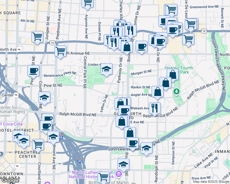 map of restaurants, bars, coffee shops, grocery stores, and more near 448 Parkway Drive Northeast in Atlanta