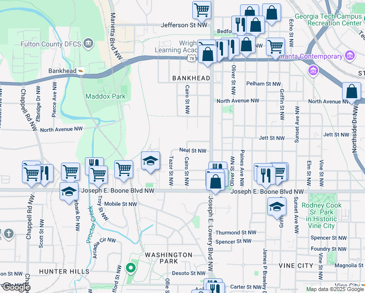 map of restaurants, bars, coffee shops, grocery stores, and more near 997 Neal Street Northwest in Atlanta