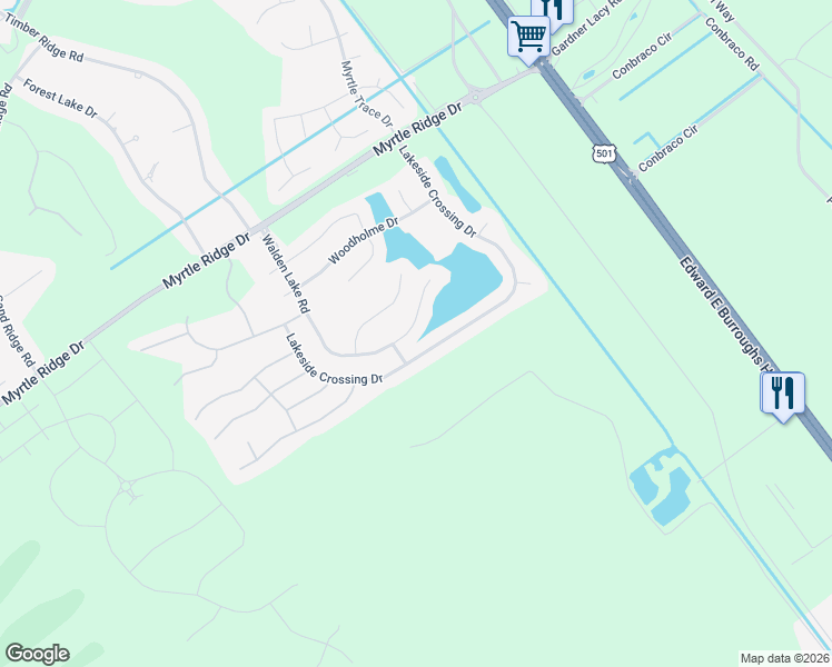 map of restaurants, bars, coffee shops, grocery stores, and more near 340 Walden Lake Road in Conway