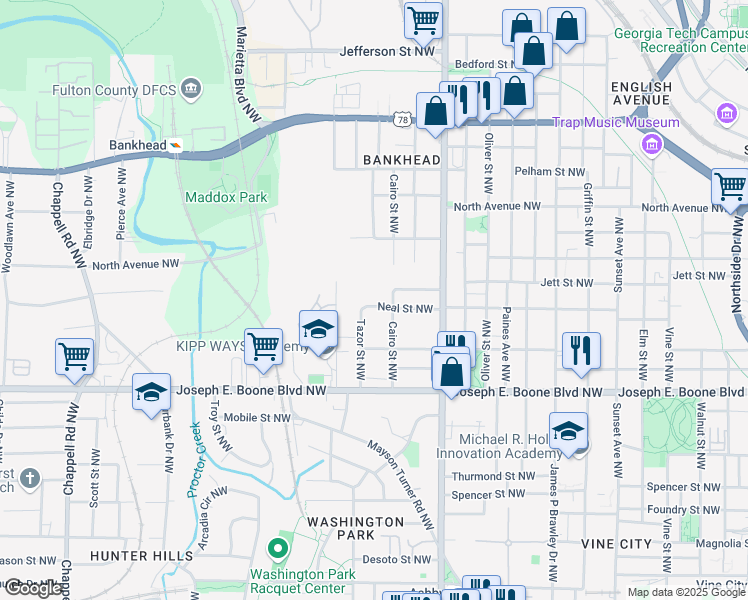 map of restaurants, bars, coffee shops, grocery stores, and more near 1009 Neal Street Northwest in Atlanta