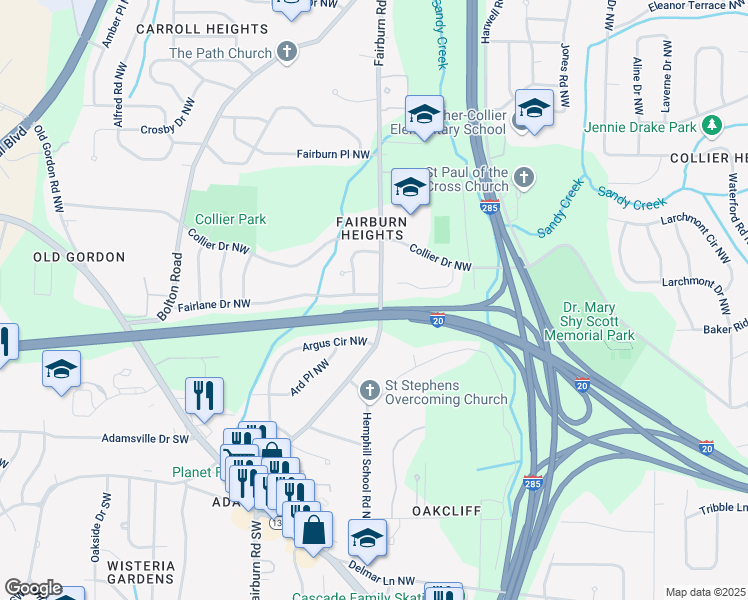 map of restaurants, bars, coffee shops, grocery stores, and more near 3460 Fairlane Drive Northwest in Atlanta