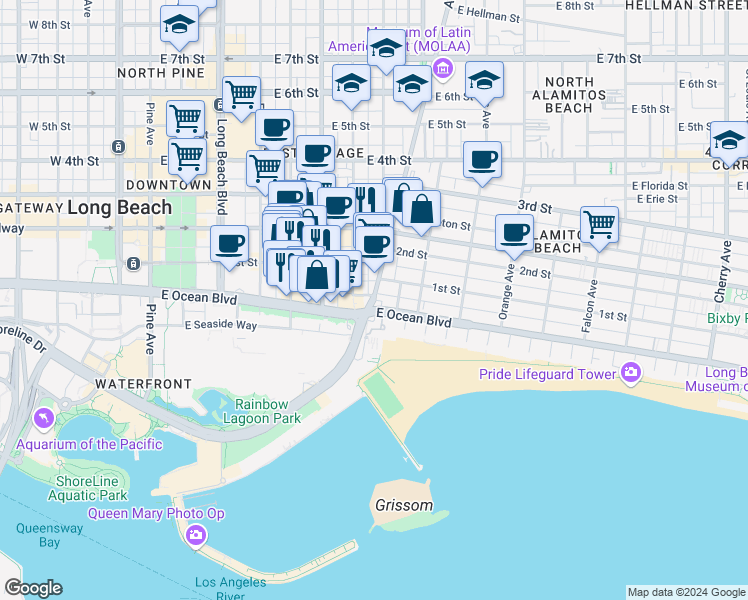 map of restaurants, bars, coffee shops, grocery stores, and more near 17 Alamitos Avenue in Long Beach