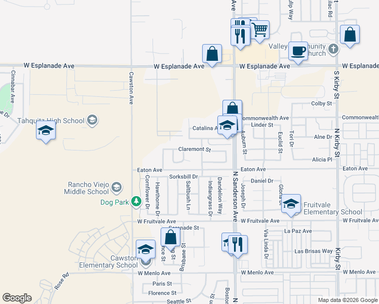 map of restaurants, bars, coffee shops, grocery stores, and more near 3663 Claremont Street in Hemet