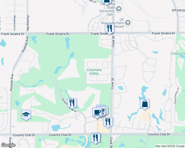 map of restaurants, bars, coffee shops, grocery stores, and more near 22 Covington Drive in Palm Desert