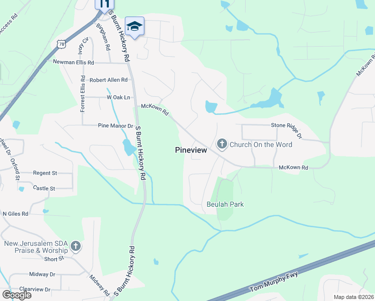 map of restaurants, bars, coffee shops, grocery stores, and more near 1427 Pineview Circle in Douglasville