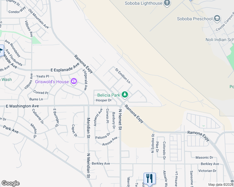 map of restaurants, bars, coffee shops, grocery stores, and more near 2158 Gaillac Lane in San Jacinto