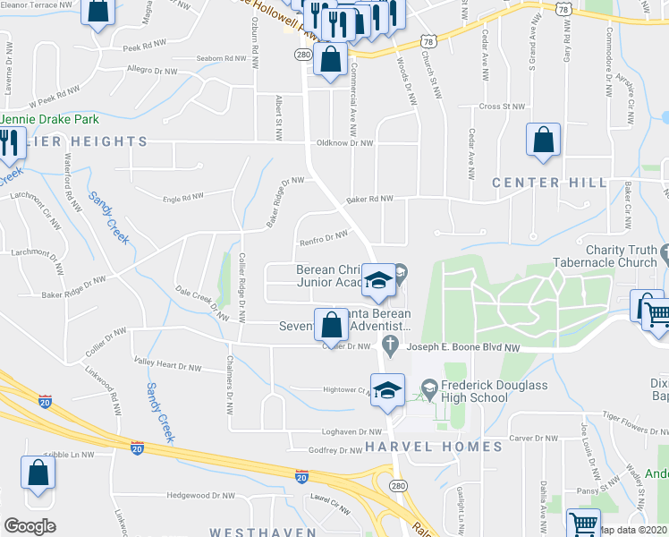 map of restaurants, bars, coffee shops, grocery stores, and more near 418 Hamilton E Holmes Drive Northwest in Atlanta