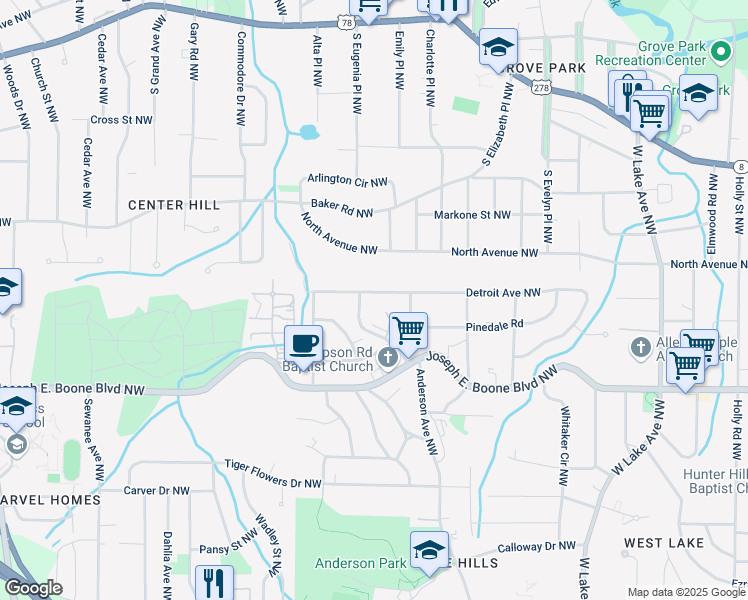 map of restaurants, bars, coffee shops, grocery stores, and more near 2022 Detroit Avenue Northwest in Atlanta