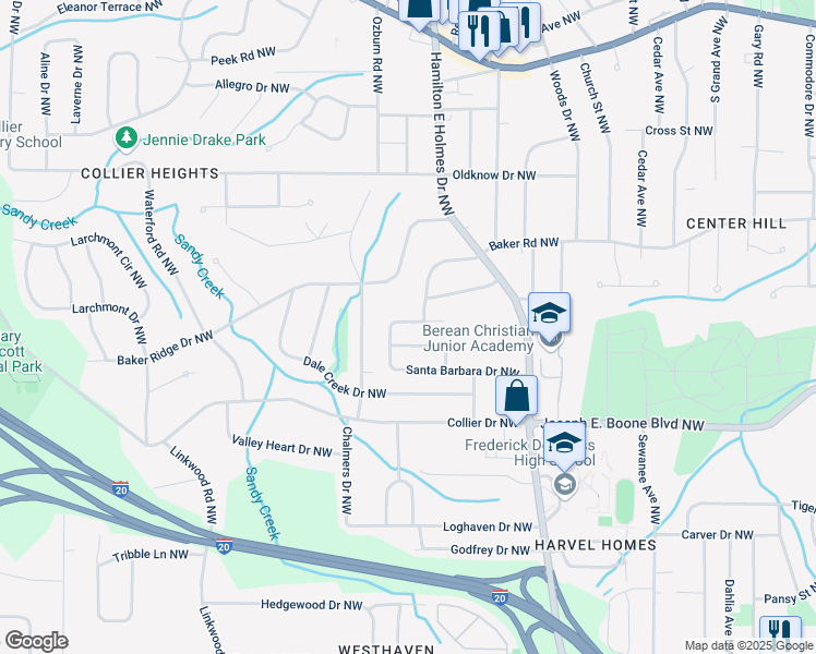 map of restaurants, bars, coffee shops, grocery stores, and more near 2747 Santa Barbara Drive Northwest in Atlanta