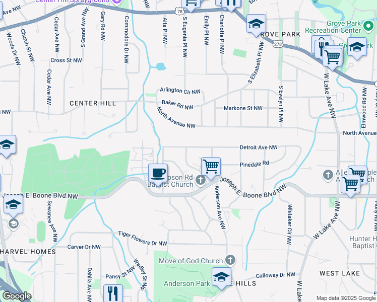 map of restaurants, bars, coffee shops, grocery stores, and more near 4140 Westchester Boulevard Northwest in Atlanta