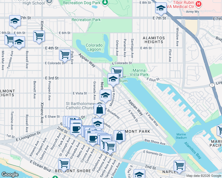 map of restaurants, bars, coffee shops, grocery stores, and more near 365 Monrovia Avenue in Long Beach