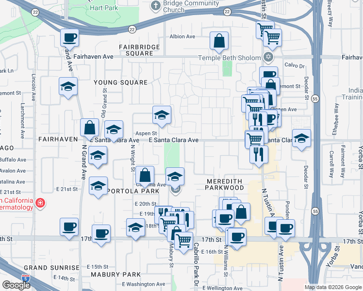map of restaurants, bars, coffee shops, grocery stores, and more near 2218 North Mantle Lane in Santa Ana