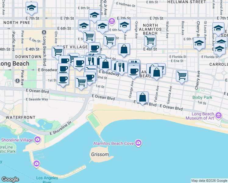 map of restaurants, bars, coffee shops, grocery stores, and more near 1056 East 1st Street in Long Beach