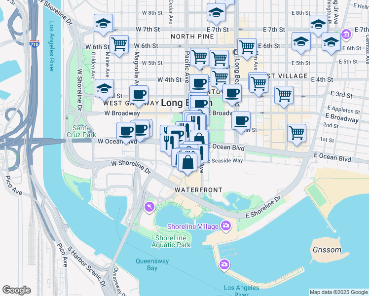 map of restaurants, bars, coffee shops, grocery stores, and more near 200 West Ocean Boulevard in Long Beach