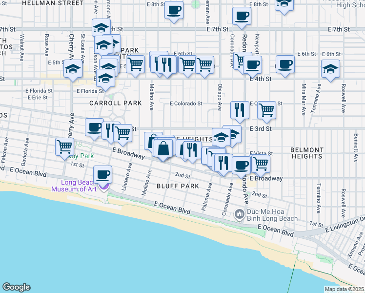 map of restaurants, bars, coffee shops, grocery stores, and more near 2845 East Vista Street in Long Beach