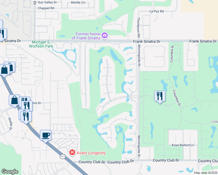 map of restaurants, bars, coffee shops, grocery stores, and more near 7 Creekside Drive in Rancho Mirage
