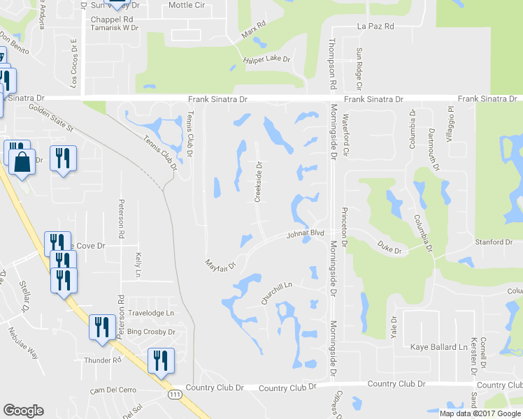 map of restaurants, bars, coffee shops, grocery stores, and more near 7 Creekside Drive in Rancho Mirage