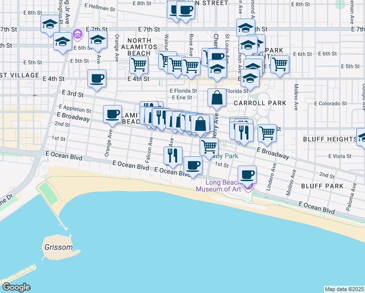 map of restaurants, bars, coffee shops, grocery stores, and more near 1744 2nd Street in Long Beach
