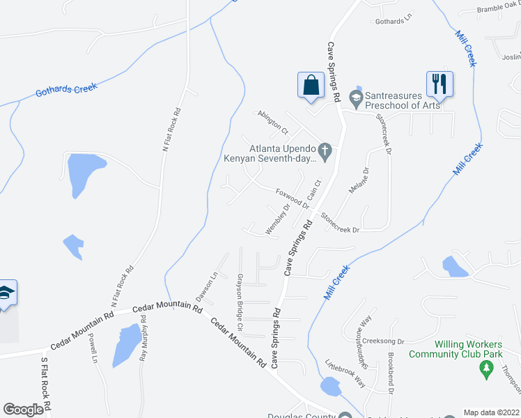 map of restaurants, bars, coffee shops, grocery stores, and more near 1103 Amberglade Way in Douglasville
