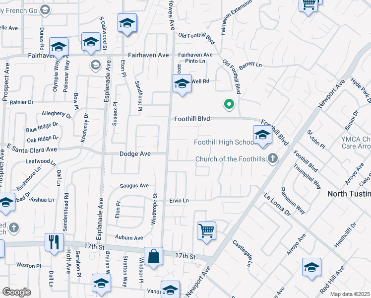map of restaurants, bars, coffee shops, grocery stores, and more near 13451 Oak Lane in Santa Ana