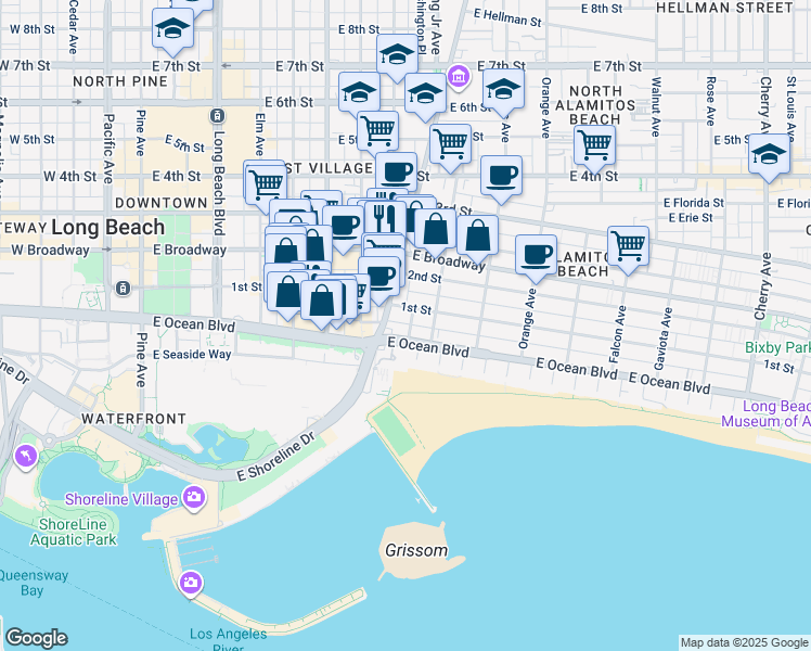 map of restaurants, bars, coffee shops, grocery stores, and more near 23 North Alboni Place in Long Beach