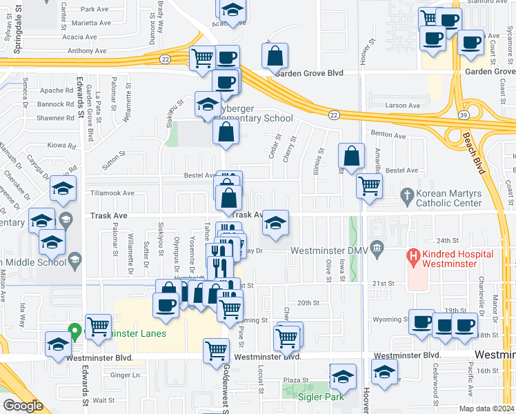 map of restaurants, bars, coffee shops, grocery stores, and more near 13470 Freedom Way in Westminster