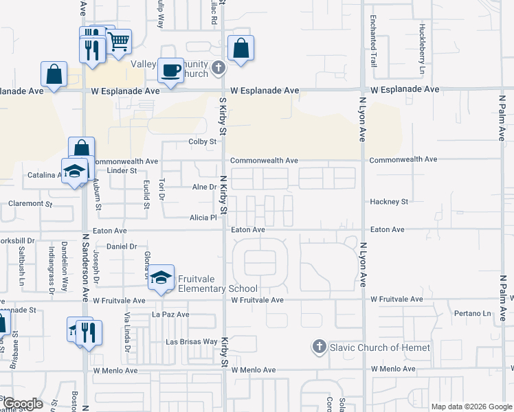 map of restaurants, bars, coffee shops, grocery stores, and more near 1150 North Kirby Street in Hemet