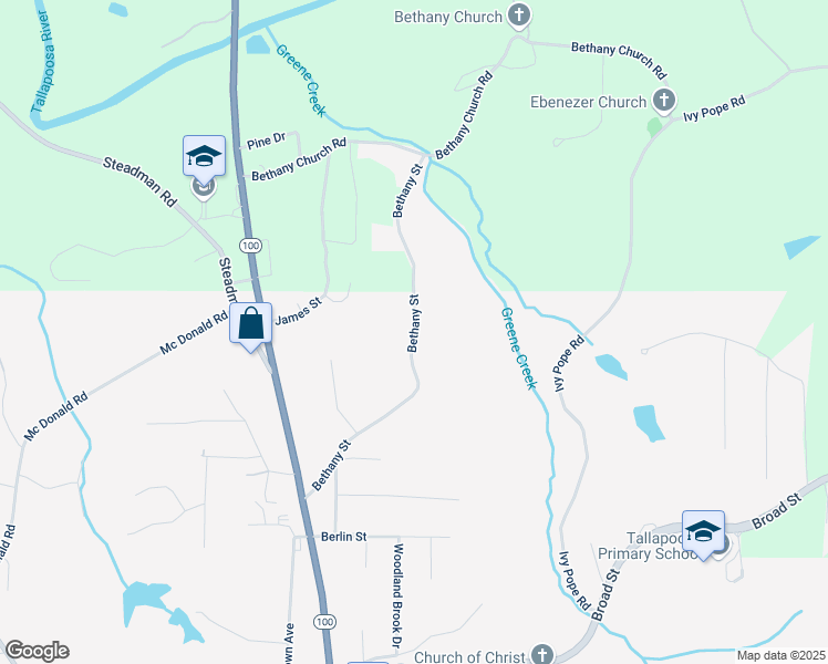 map of restaurants, bars, coffee shops, grocery stores, and more near Bethany Street in Tallapoosa