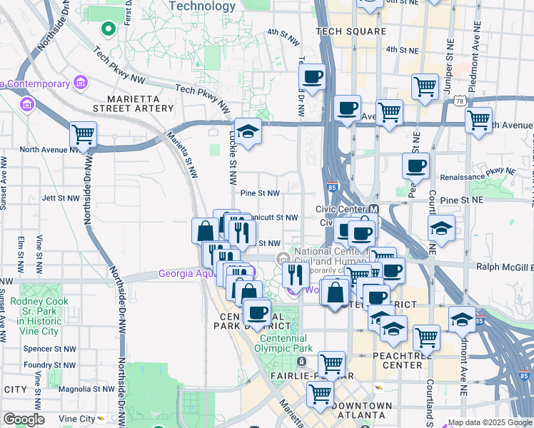 map of restaurants, bars, coffee shops, grocery stores, and more near 225 Hunnicutt Street Northwest in Atlanta