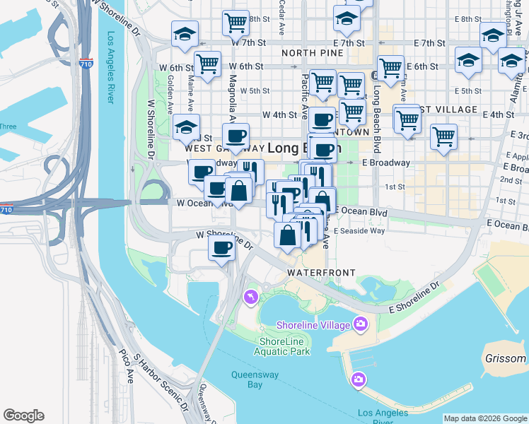 map of restaurants, bars, coffee shops, grocery stores, and more near 300 West Ocean Boulevard in Long Beach