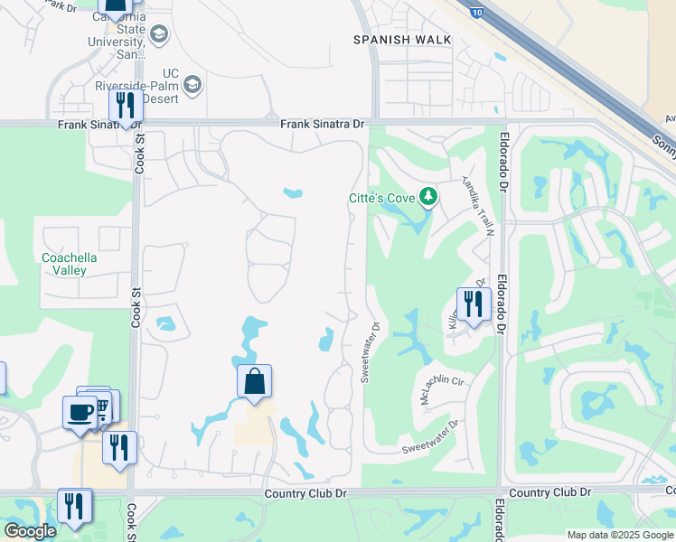 map of restaurants, bars, coffee shops, grocery stores, and more near 291 Desert Falls Drive East in Palm Desert