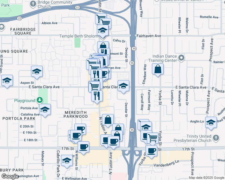 map of restaurants, bars, coffee shops, grocery stores, and more near 2221 North Ponderosa Street in Santa Ana