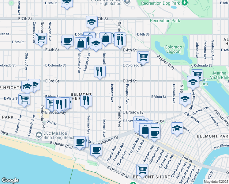 map of restaurants, bars, coffee shops, grocery stores, and more near 255 Bennett Avenue in Long Beach