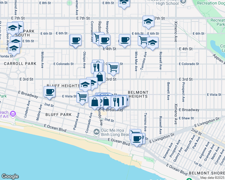 map of restaurants, bars, coffee shops, grocery stores, and more near 253 Loma Avenue in Long Beach