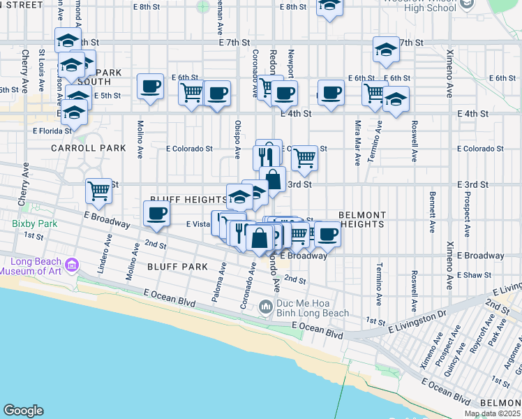 map of restaurants, bars, coffee shops, grocery stores, and more near 252 Coronado Avenue in Long Beach