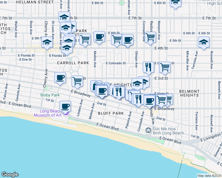 map of restaurants, bars, coffee shops, grocery stores, and more near 2845 East Vista Street in Long Beach