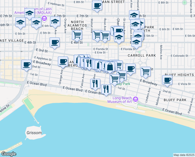 map of restaurants, bars, coffee shops, grocery stores, and more near in Long Beach