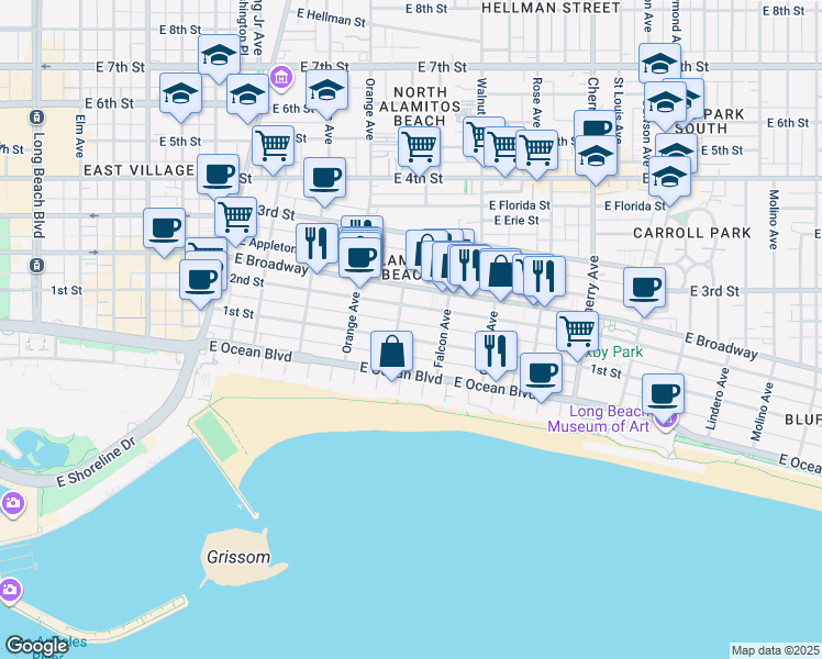 map of restaurants, bars, coffee shops, grocery stores, and more near 1326 East 1st Street in Long Beach