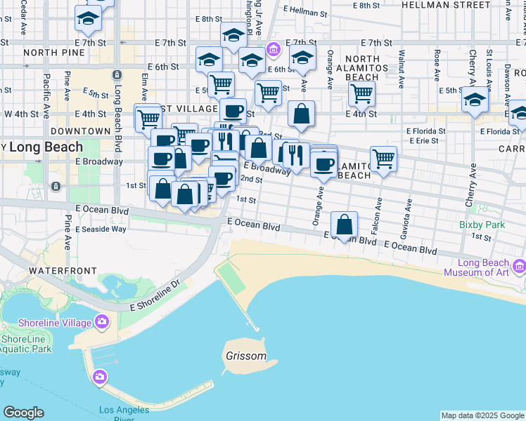 map of restaurants, bars, coffee shops, grocery stores, and more near 1007 East Ocean Boulevard in Long Beach