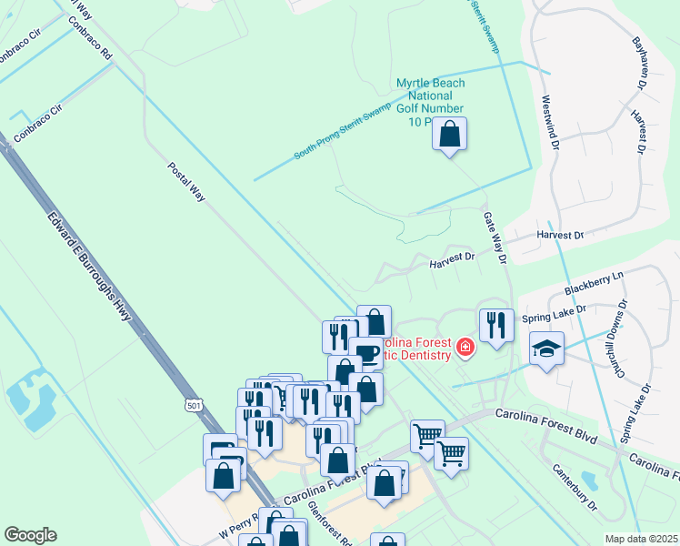 map of restaurants, bars, coffee shops, grocery stores, and more near 6010 Windsor Green Way in Myrtle Beach