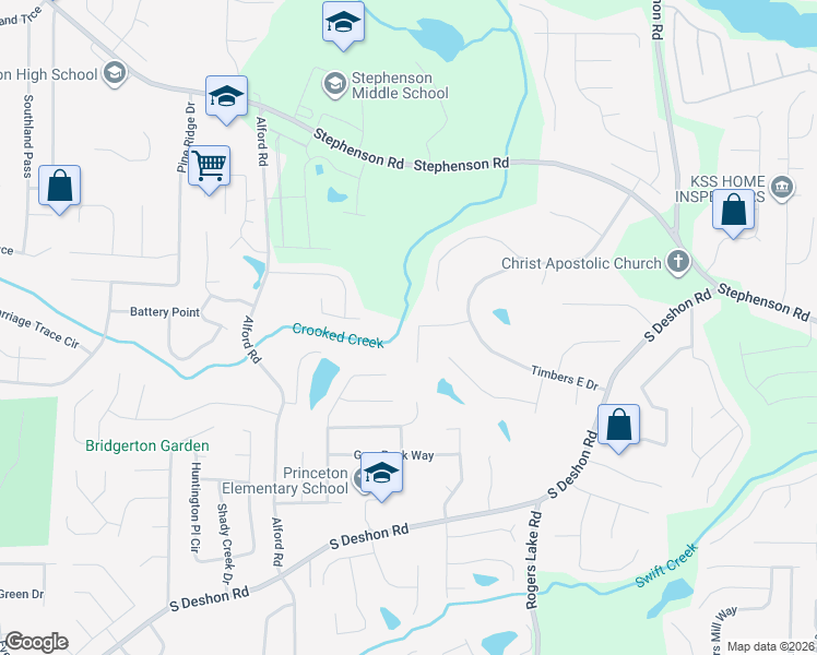 map of restaurants, bars, coffee shops, grocery stores, and more near 6964 Timbers East Lane in Lithonia